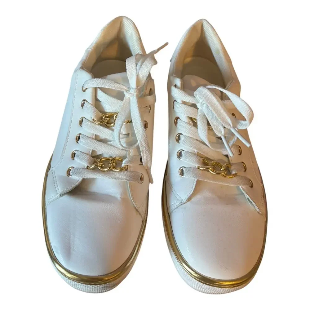 White Women's Lace up Sneakers Size 40 Gold Accents
